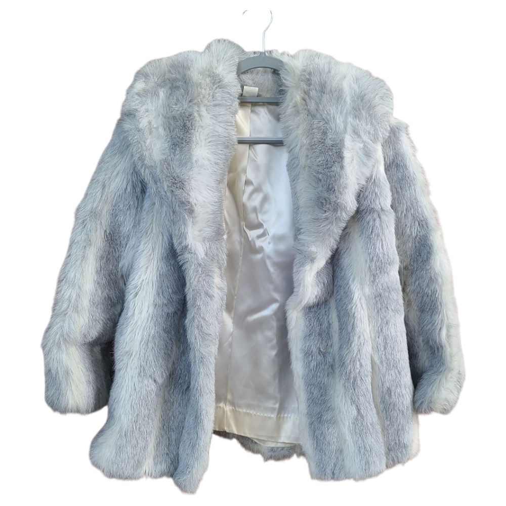 Vtg 1980s Wiman Faux Fur Coat White/Grey Silver Fox Stripes Satin Lining Vintage